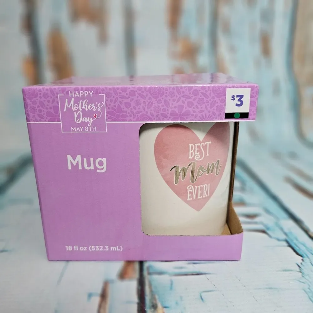 Best Mom Ever Coffee Mug 18oz Pink Heart Mother’s Day Gift New in Box